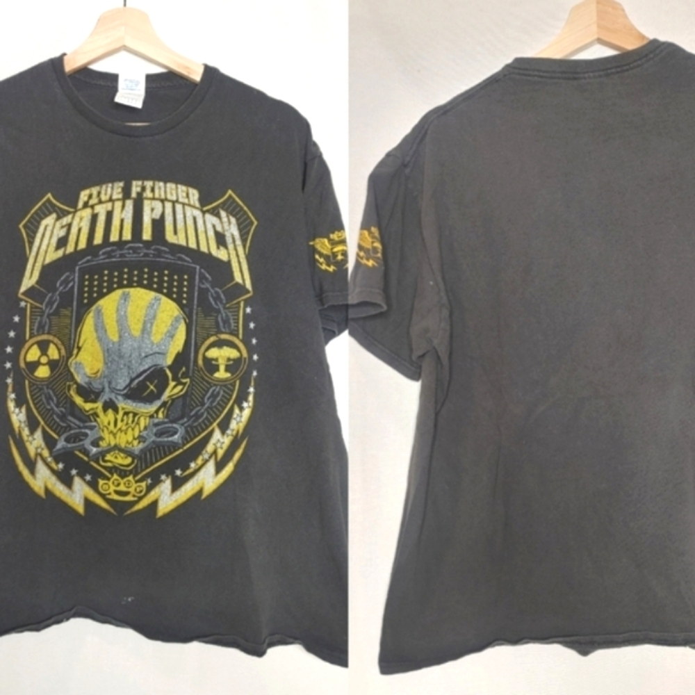 Five Finger Death Punch 5FDP‎ Graphic Tee Black Yellow Distressed Band Rock L